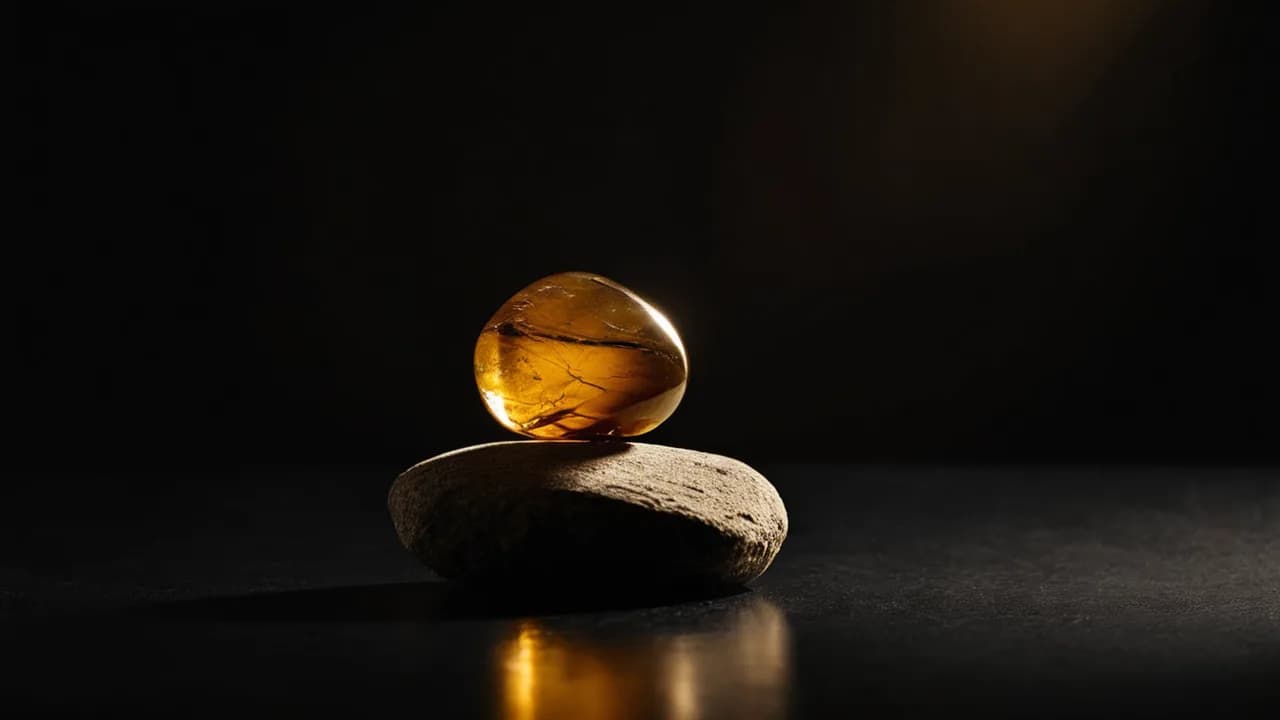 Karanlıkta altın bir ışıkla aydınlanmış, boşlukta dengede duran tek bir zen taşı