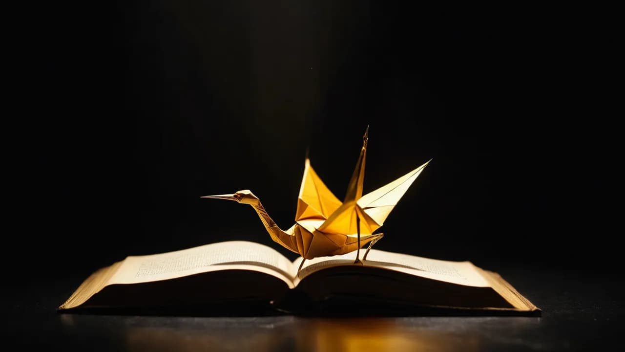 Karanlıkta altın bir ışıkla ışık kitabına dönüşerek açılan tek bir origami kuş